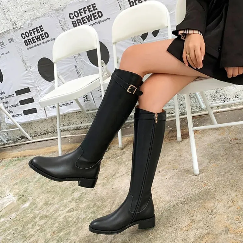 Hnzxzm Vintage Women Slim Knee-High Boots Fashion Belt Buckle Shoes Autumn Winter Low Heel Ladies Modern Long Booties