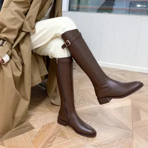 Hnzxzm Vintage Women Slim Knee-High Boots Fashion Belt Buckle Shoes Autumn Winter Low Heel Ladies Modern Long Booties