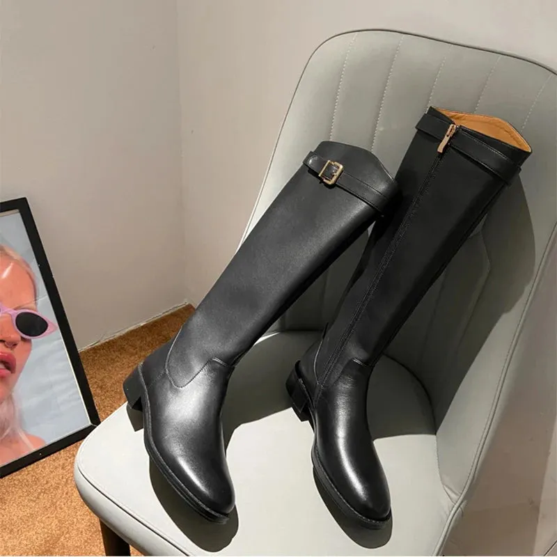 Hnzxzm Vintage Women Slim Knee-High Boots Fashion Belt Buckle Shoes Autumn Winter Low Heel Ladies Modern Long Booties