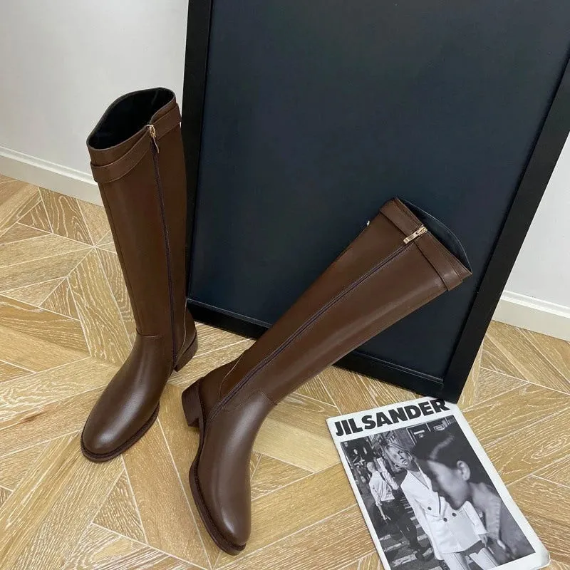 Hnzxzm Vintage Women Slim Knee-High Boots Fashion Belt Buckle Shoes Autumn Winter Low Heel Ladies Modern Long Booties