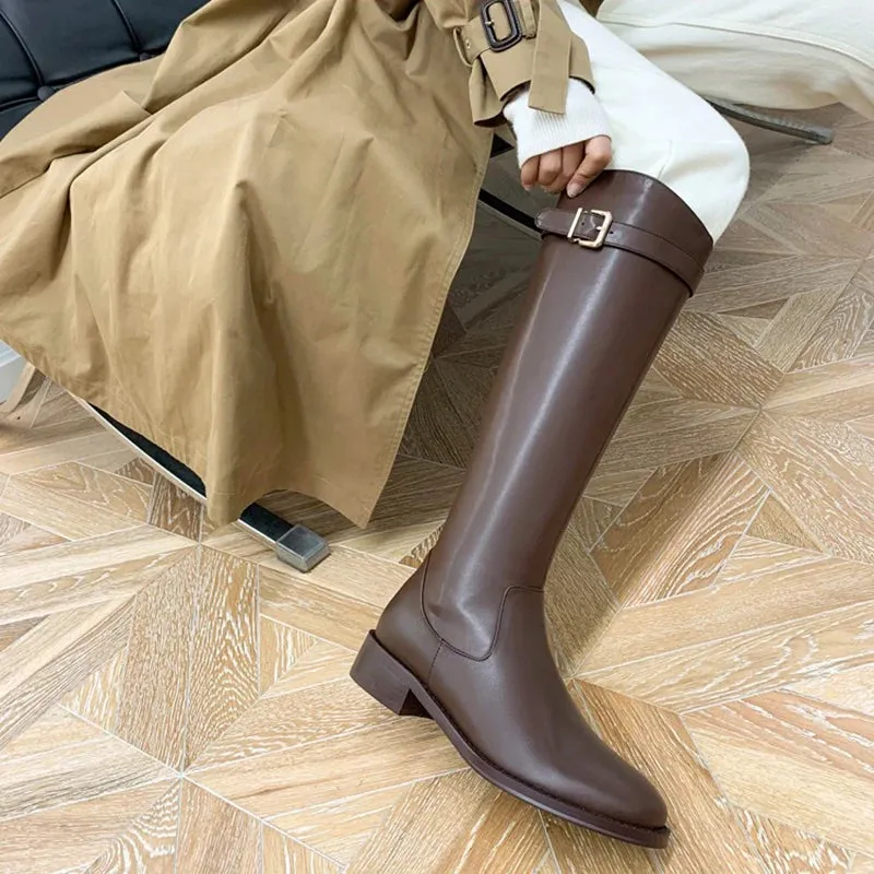 Hnzxzm Vintage Women Slim Knee-High Boots Fashion Belt Buckle Shoes Autumn Winter Low Heel Ladies Modern Long Booties