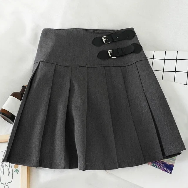 JOSKAA 2024 new Harajuku Double Belt Pleated Tennis Skirt (Grey/Black)