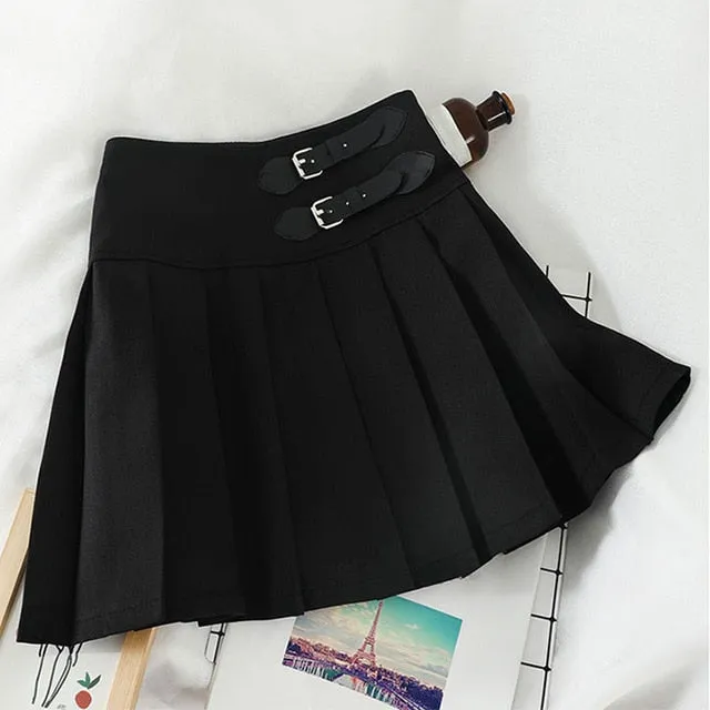 JOSKAA 2024 new Harajuku Double Belt Pleated Tennis Skirt (Grey/Black)