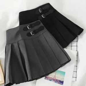 JOSKAA 2024 new Harajuku Double Belt Pleated Tennis Skirt (Grey/Black)