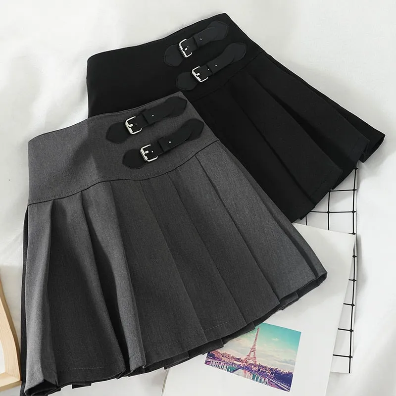 JOSKAA 2024 new Harajuku Double Belt Pleated Tennis Skirt (Grey/Black)