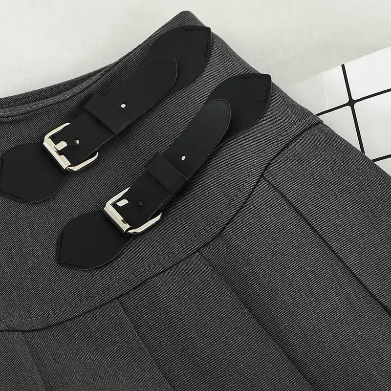 JOSKAA 2024 new Harajuku Double Belt Pleated Tennis Skirt (Grey/Black)