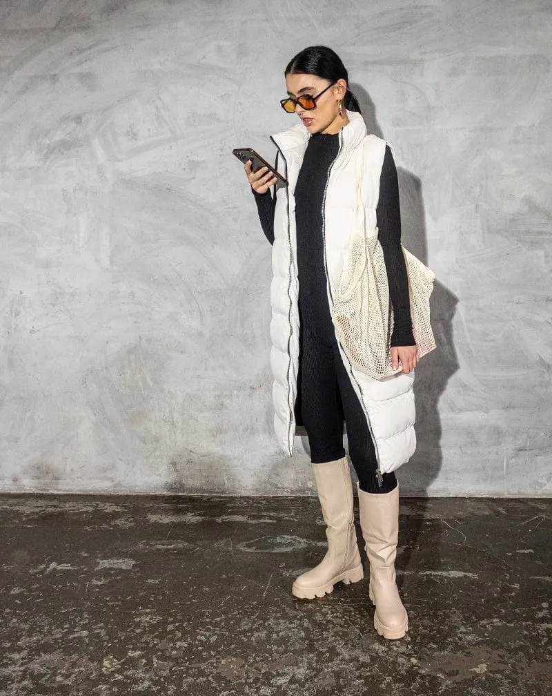 Juliet Faux Leather Finish Knee High Zipped Boots - Cream