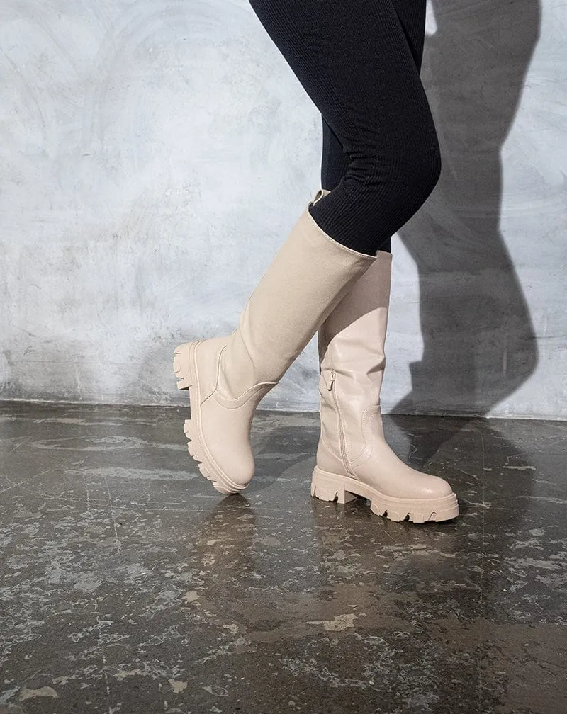 Juliet Faux Leather Finish Knee High Zipped Boots - Cream