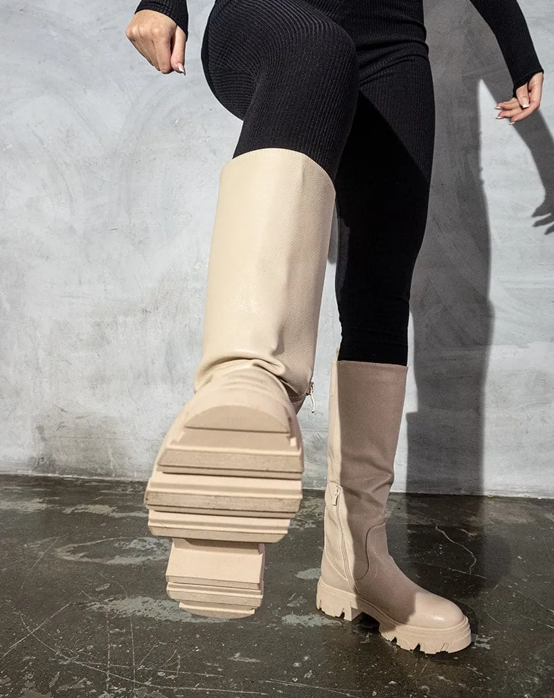Juliet Faux Leather Finish Knee High Zipped Boots - Cream