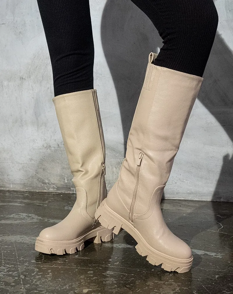 Juliet Faux Leather Finish Knee High Zipped Boots - Cream