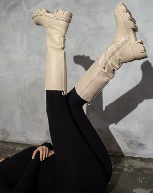 Juliet Faux Leather Finish Knee High Zipped Boots - Cream