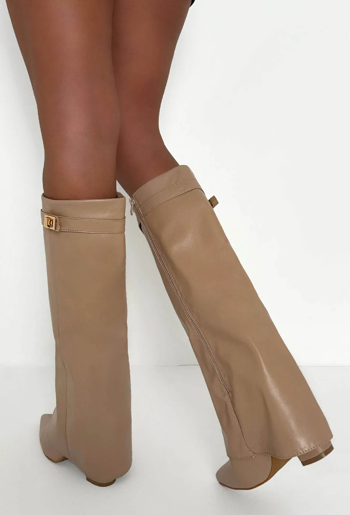 Keep It A Secret Nude Faux Leather Fold Over Knee High Shark Boots