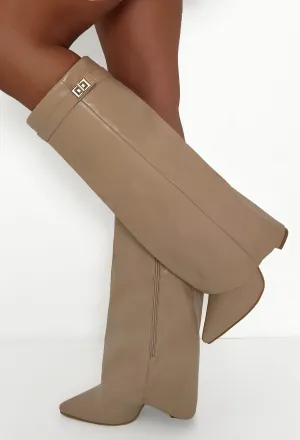 Keep It A Secret Nude Faux Leather Fold Over Knee High Shark Boots