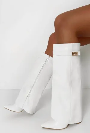 Keep It A Secret White Faux Leather Fold Over Knee High Shark Boots