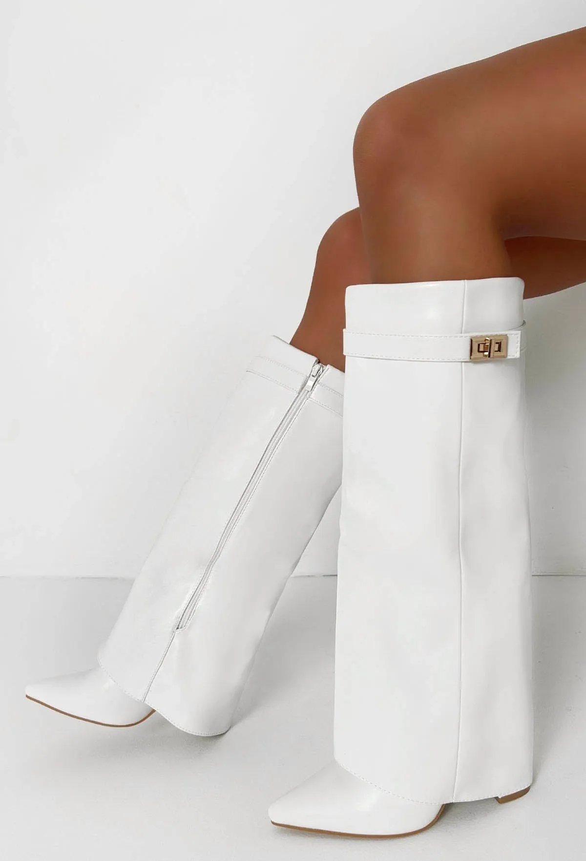 Keep It A Secret White Faux Leather Fold Over Knee High Shark Boots
