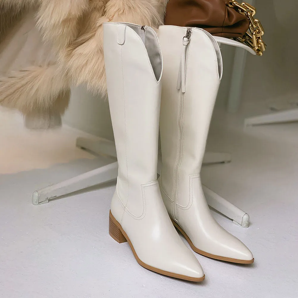 Ladies Pointed Toe Block Heel Leather Long Knight Boots Zip Up