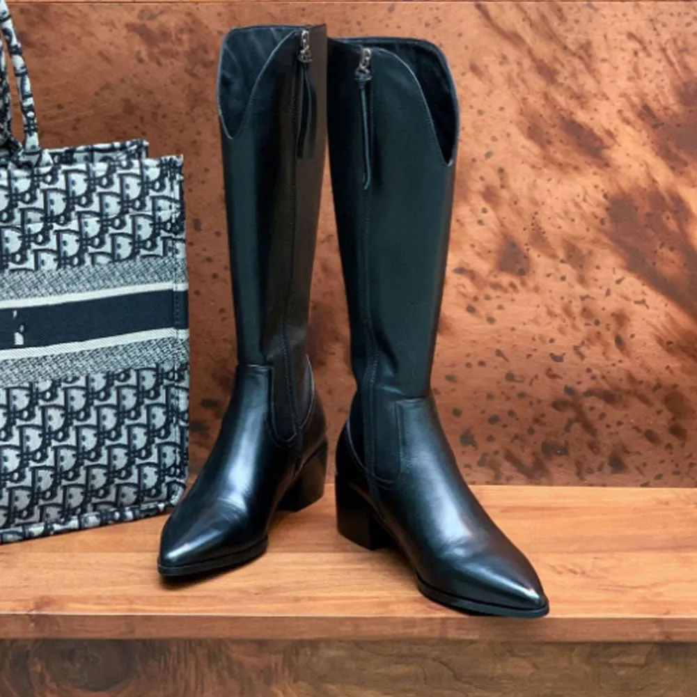 Ladies Pointed Toe Block Heel Leather Long Knight Boots Zip Up