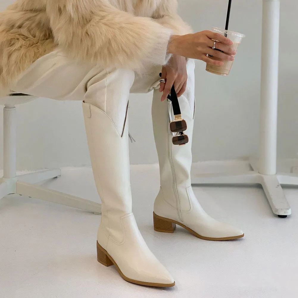 Ladies Pointed Toe Block Heel Leather Long Knight Boots Zip Up