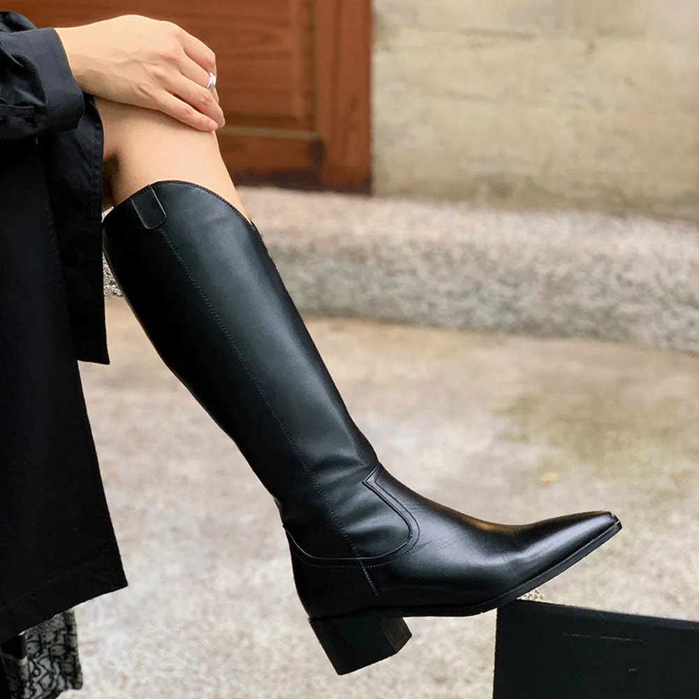 Ladies Pointed Toe Block Heel Leather Long Knight Boots Zip Up