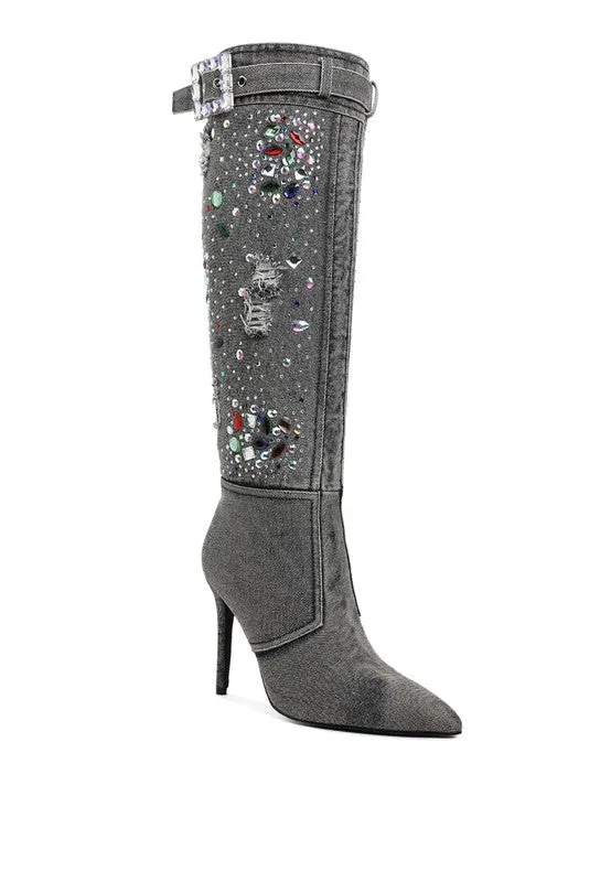 Light Me Up- Embellished Denim Knee High Boots