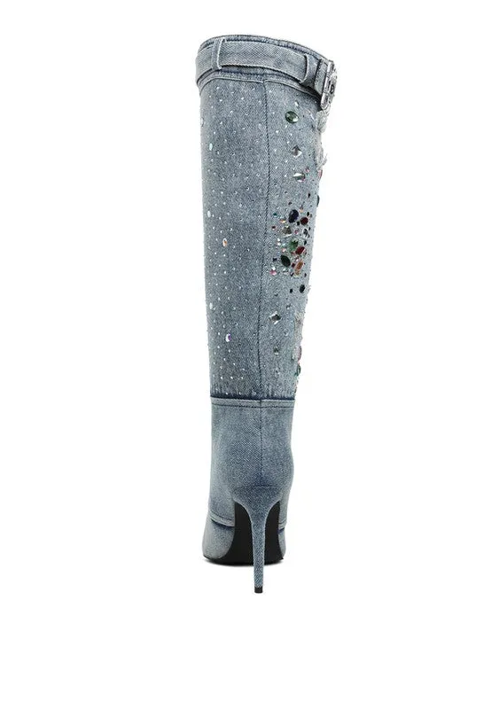 Light Me Up- Embellished Denim Knee High Boots