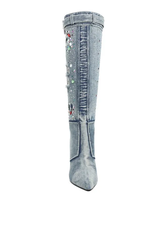 Light Me Up- Embellished Denim Knee High Boots