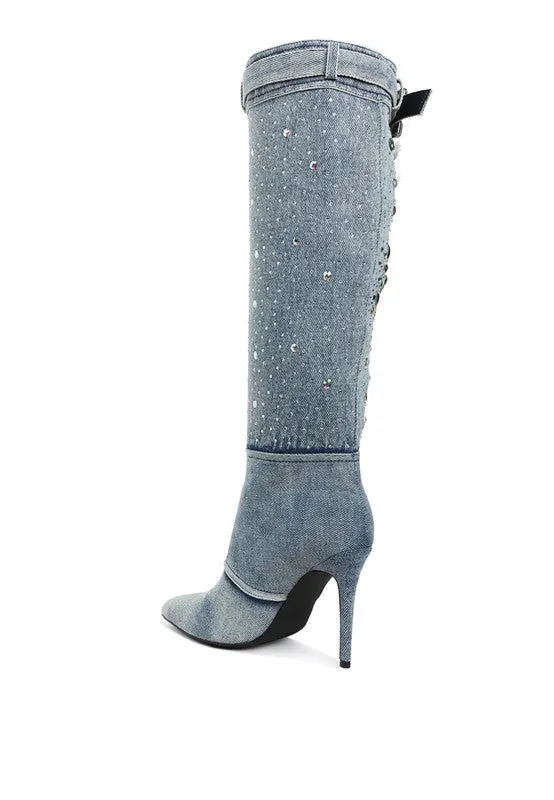 Light Me Up- Embellished Denim Knee High Boots