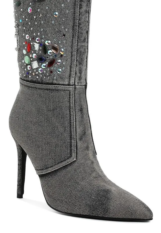 Light Me Up- Embellished Denim Knee High Boots