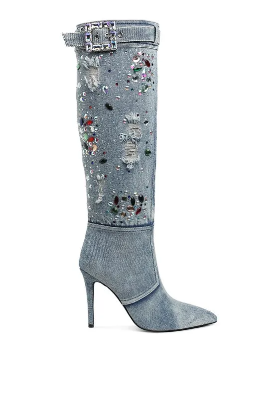 Light Me Up- Embellished Denim Knee High Boots