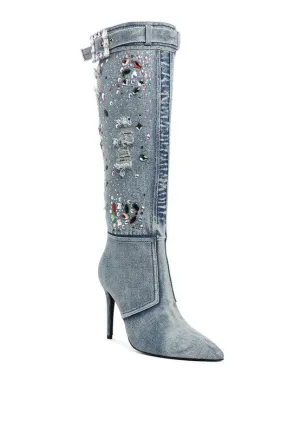 Light Me Up- Embellished Denim Knee High Boots