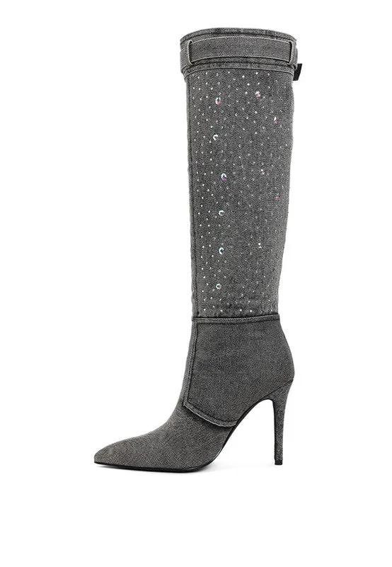Light Me Up- Embellished Denim Knee High Boots