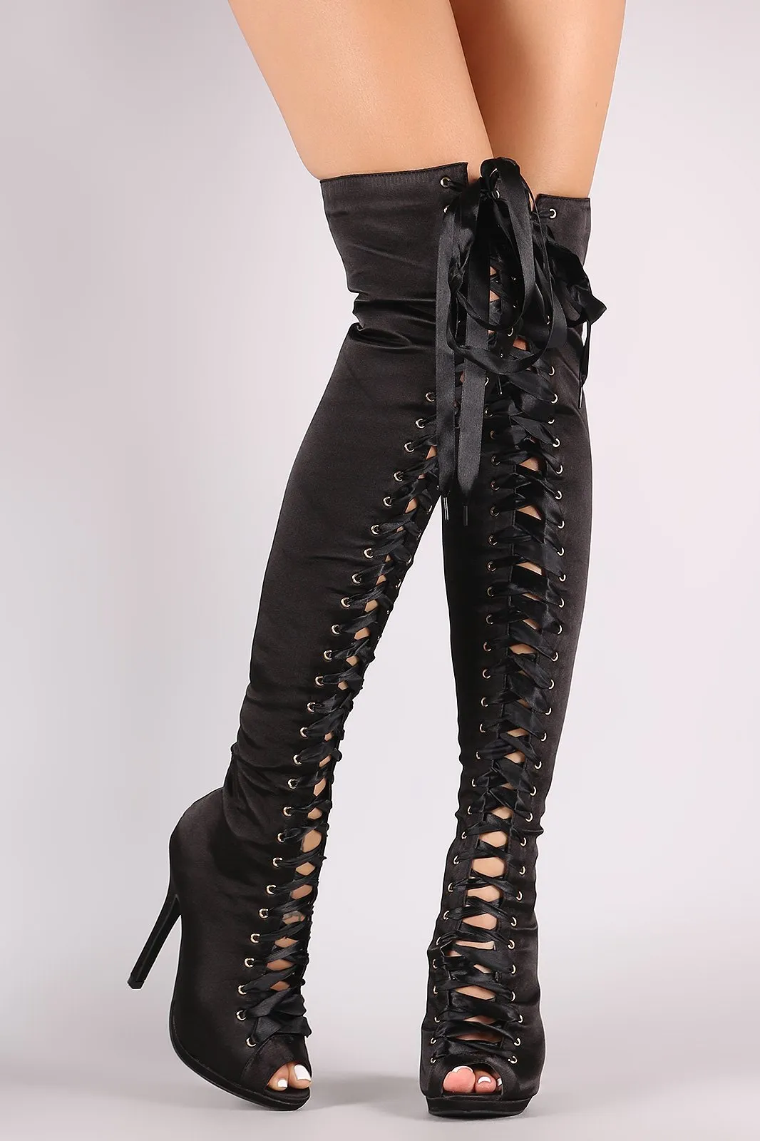 Liliana Satin Peep Toe Lace Up Over-The-Knee Boots
