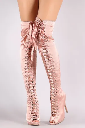 Liliana Satin Peep Toe Lace Up Over-The-Knee Boots