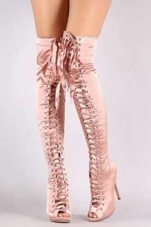 Liliana Satin Peep Toe Lace Up Over-The-Knee Boots