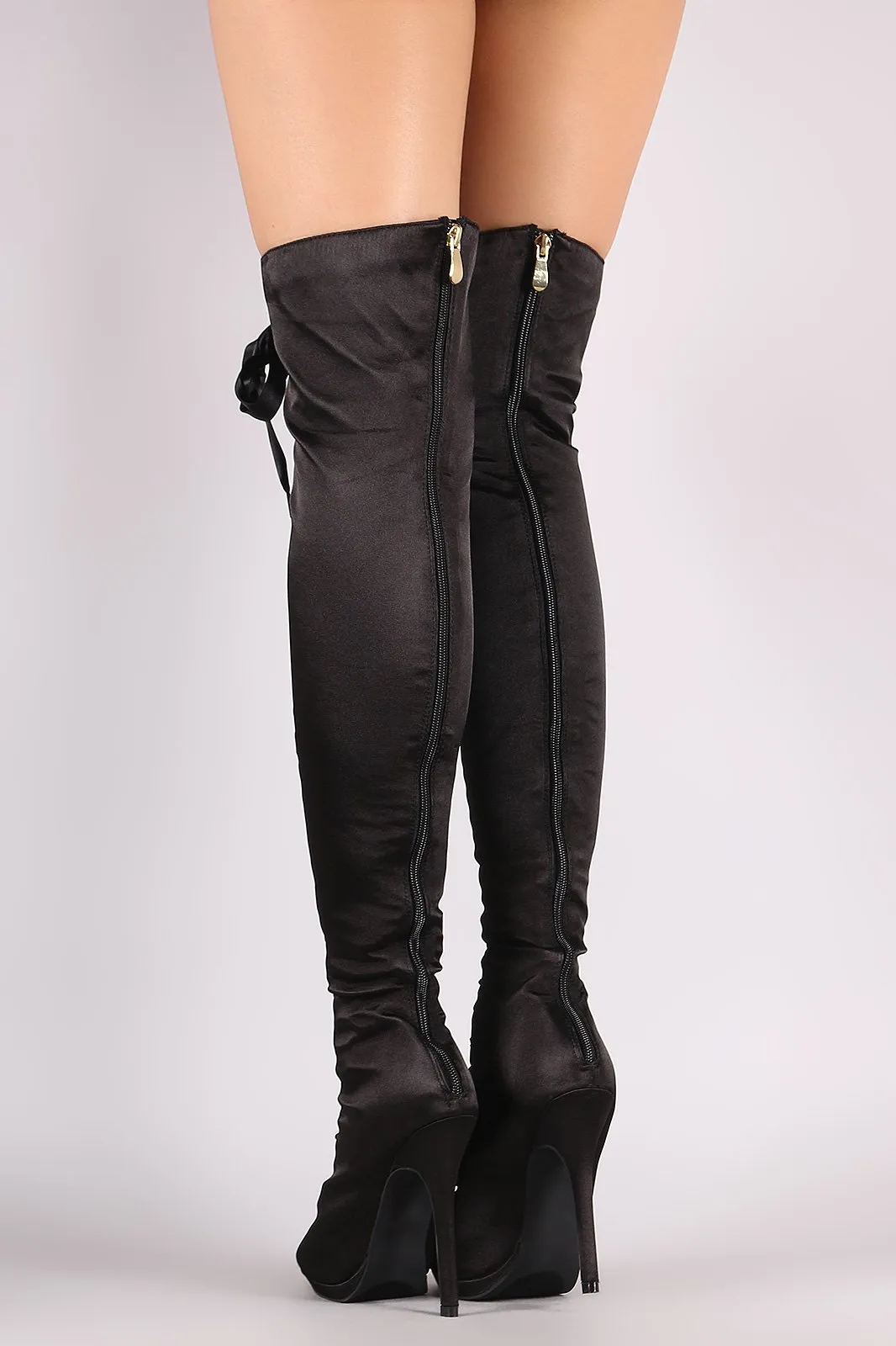 Liliana Satin Peep Toe Lace Up Over-The-Knee Boots