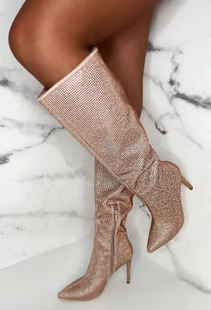 Memorable Nights Champagne Diamond Gem Knee High Boots