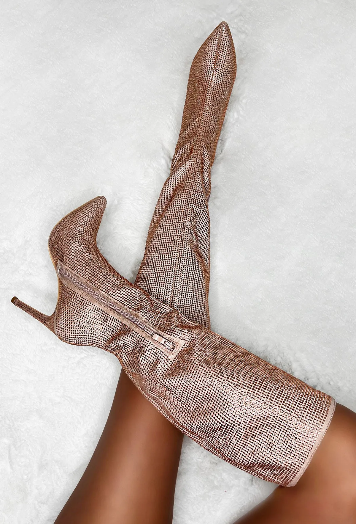 Memorable Nights Champagne Diamond Gem Knee High Boots