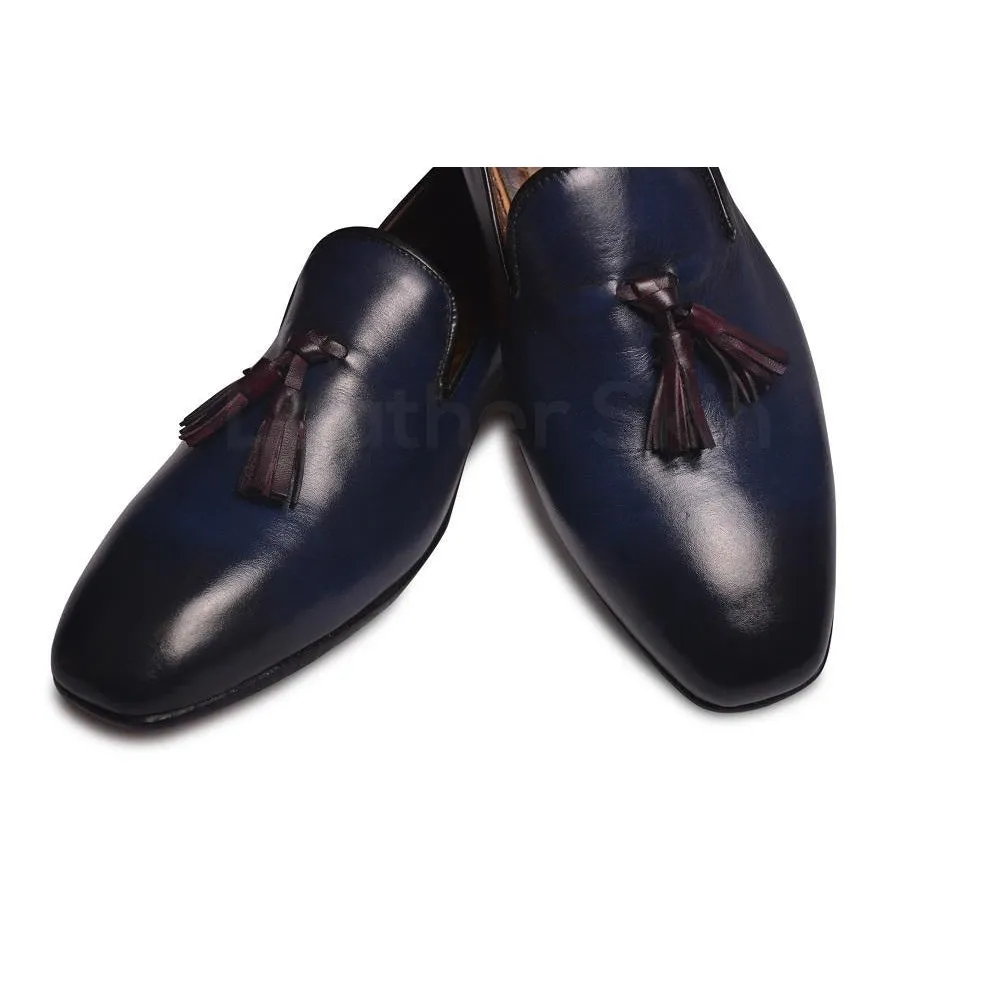 Men Distressed Blue Genuine Cow Leather Shoes with Tassels