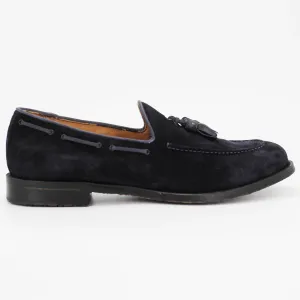 Men's tassle moccasin in calf leather suede navy blue (BRU11234)