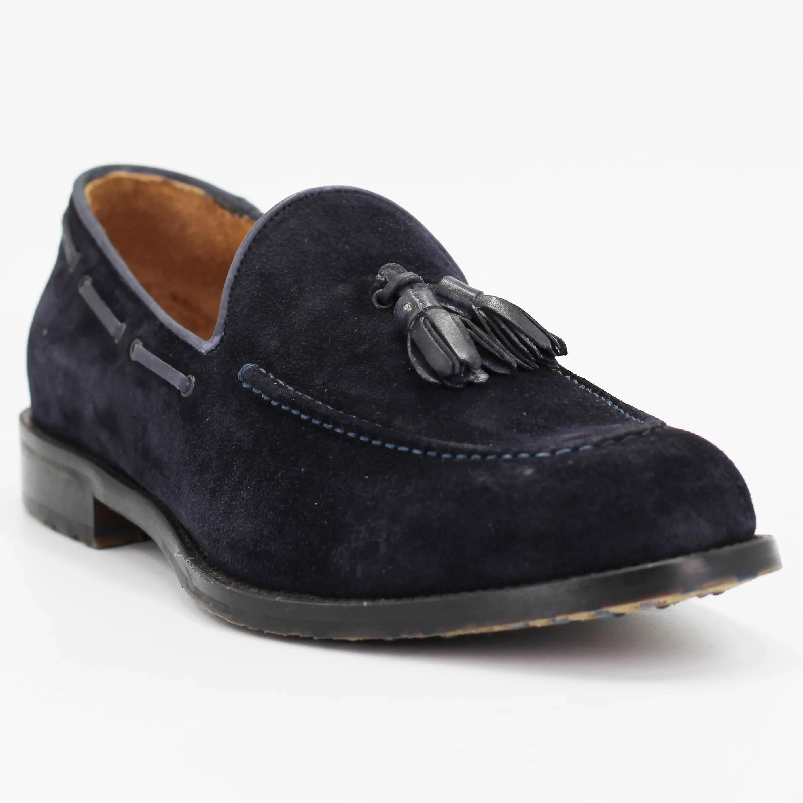 Men's tassle moccasin in calf leather suede navy blue (BRU11234)