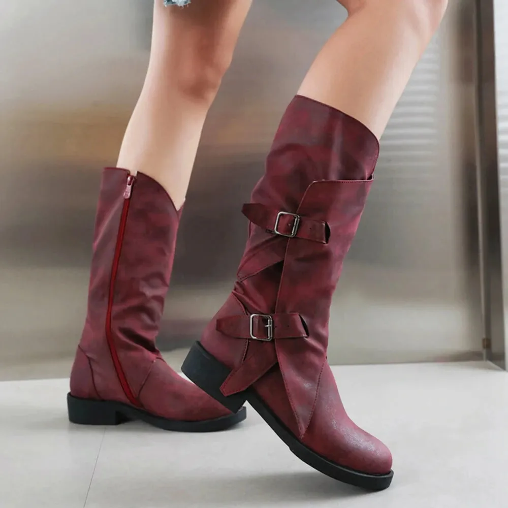 Merendy Mobtakra Low Heel Round Toe Knee High Wide Calf Boots