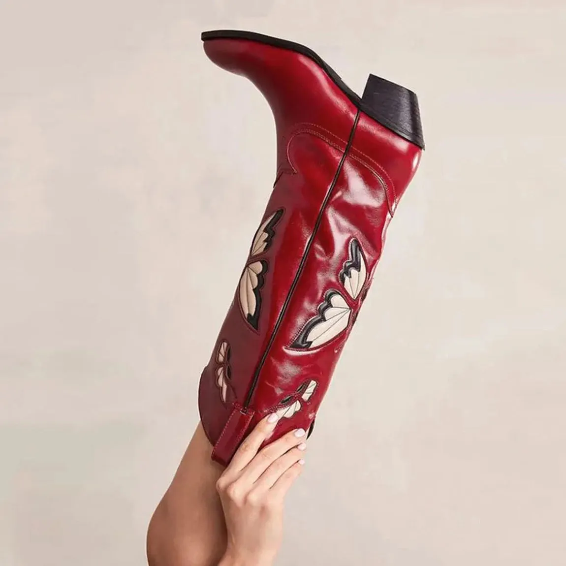 Merendy Red Butterfly Slip On Embroidered Cowboy Knee High Boots
