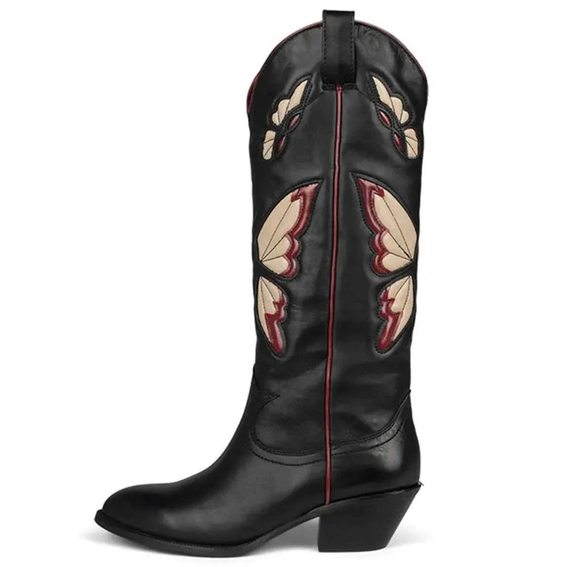 Merendy Red Butterfly Slip On Embroidered Cowboy Knee High Boots