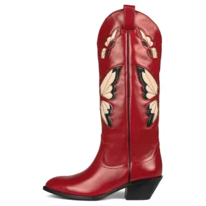 Merendy Red Butterfly Slip On Embroidered Cowboy Knee High Boots
