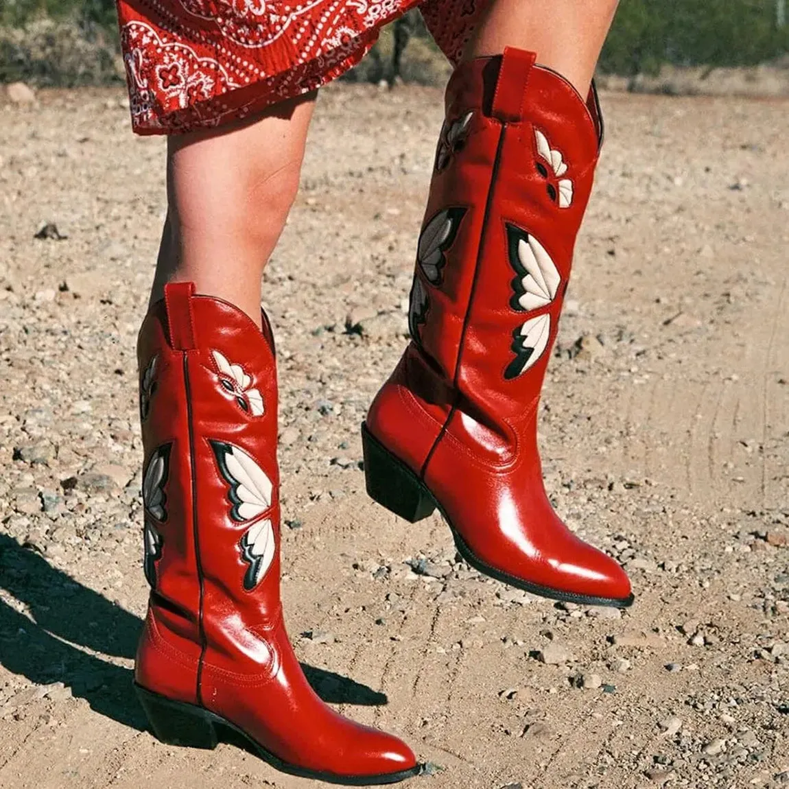 Merendy Red Butterfly Slip On Embroidered Cowboy Knee High Boots