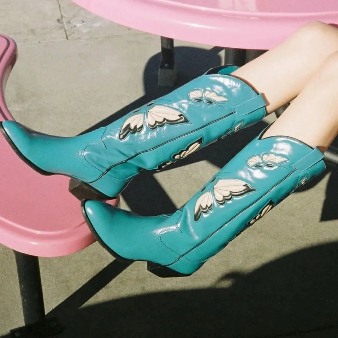Merendy Red Butterfly Slip On Embroidered Cowboy Knee High Boots