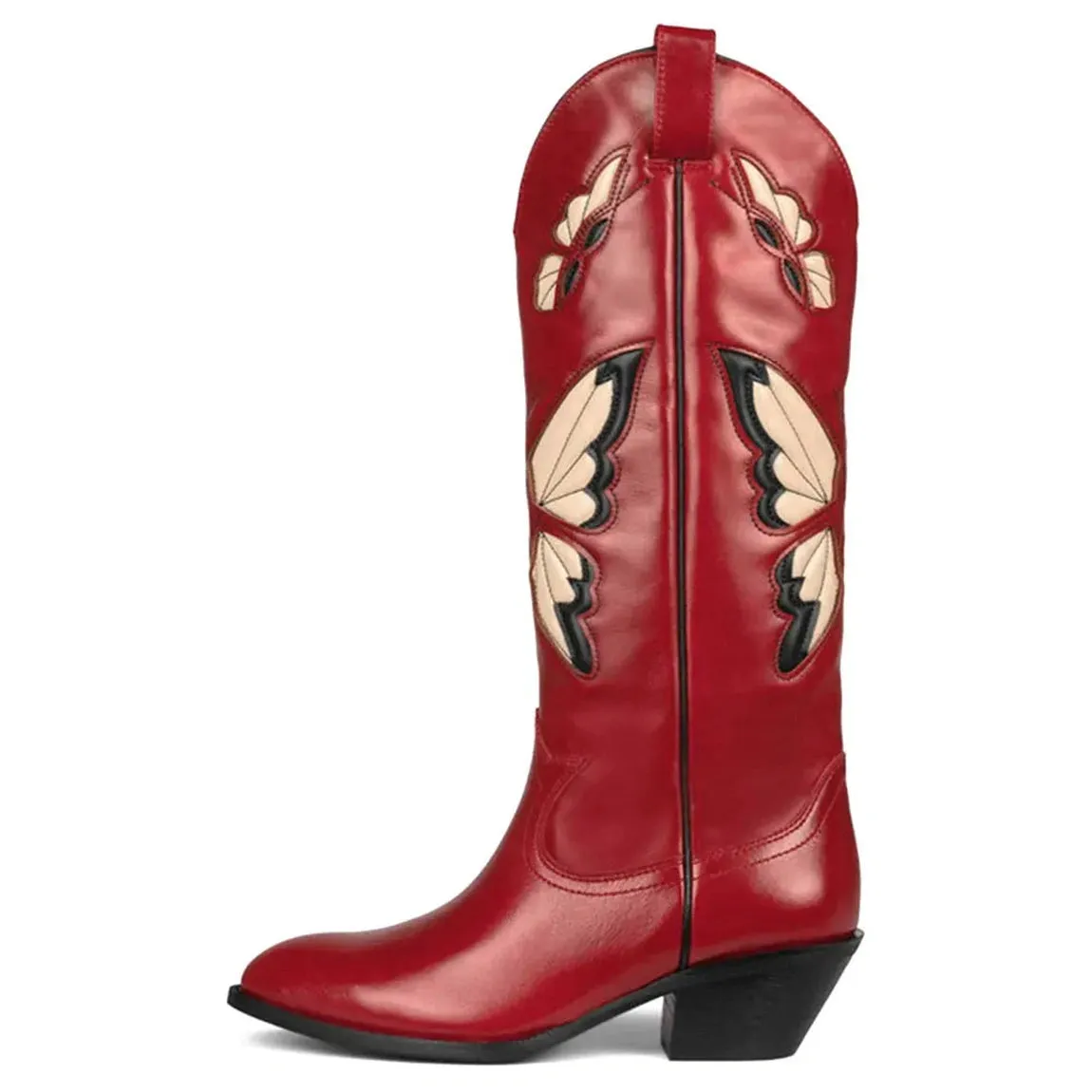 Merendy Red Butterfly Slip On Embroidered Cowboy Knee High Boots
