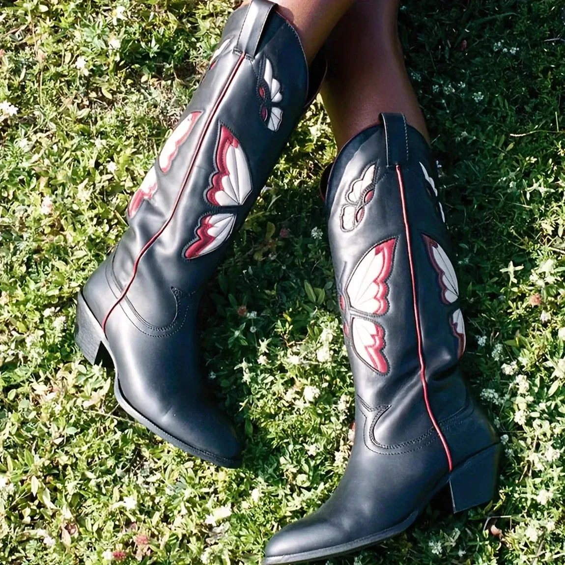 Merendy Red Butterfly Slip On Embroidered Cowboy Knee High Boots