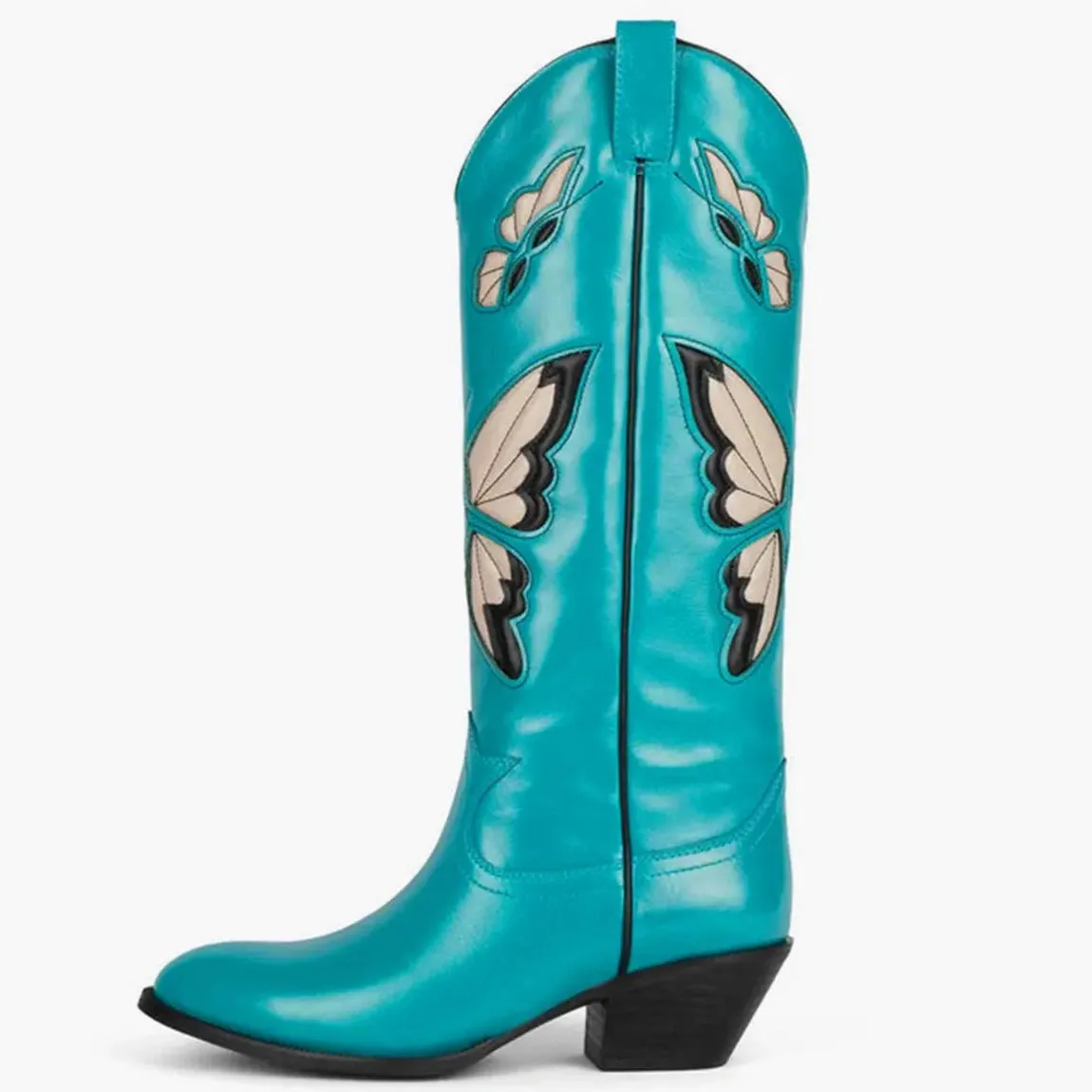 Merendy Red Butterfly Slip On Embroidered Cowboy Knee High Boots