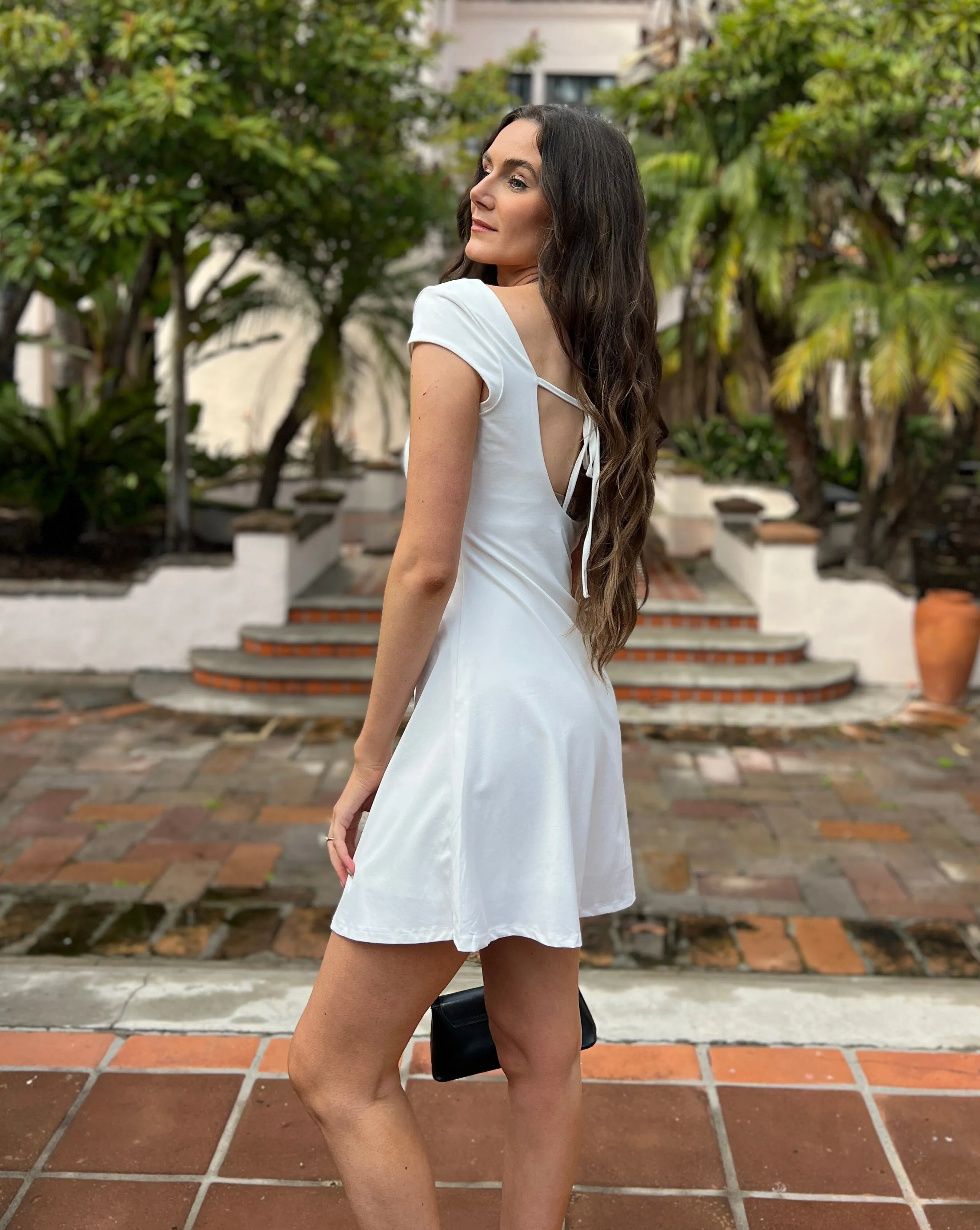 MEROKEETY Square Neck Short Sleeve Backless Mini Dress